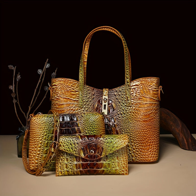 Colorful Crocodile Pattern Faux Leather Tote and Crossbody Bag Set