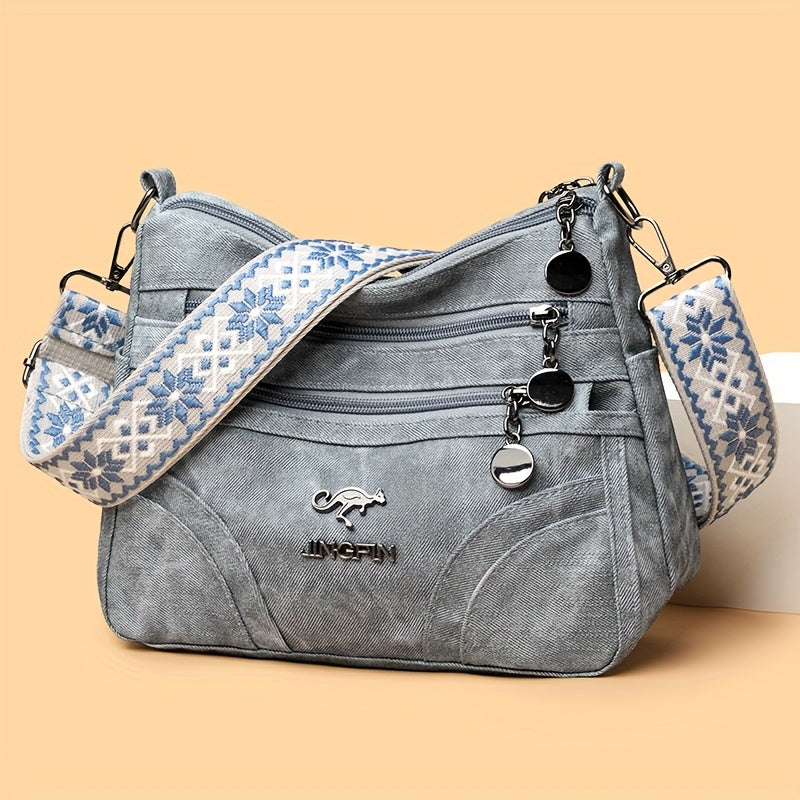 Perfect Lily Women's Vintage Bohemian Crossbody Bag for Everyday Use by Connie's Bargains, denim bag with blue-white strap.