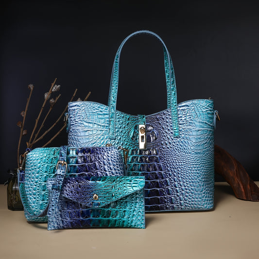 Colorful Crocodile Pattern Faux Leather Tote and Crossbody Bag Set