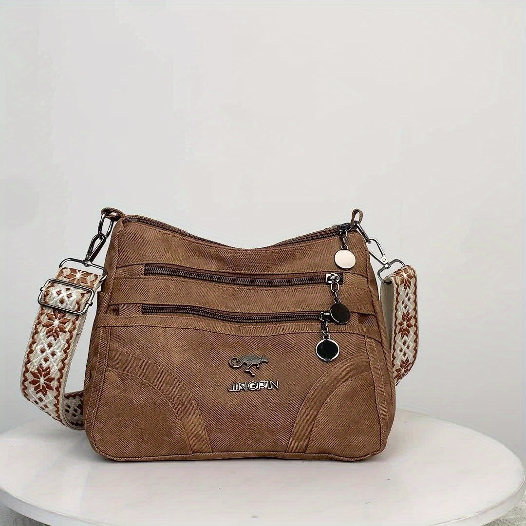 Connie's Bargains Perfect Lily Women's Vintage Bohemian Crossbody Bag for Everyday Use in brown canvas with woven strap