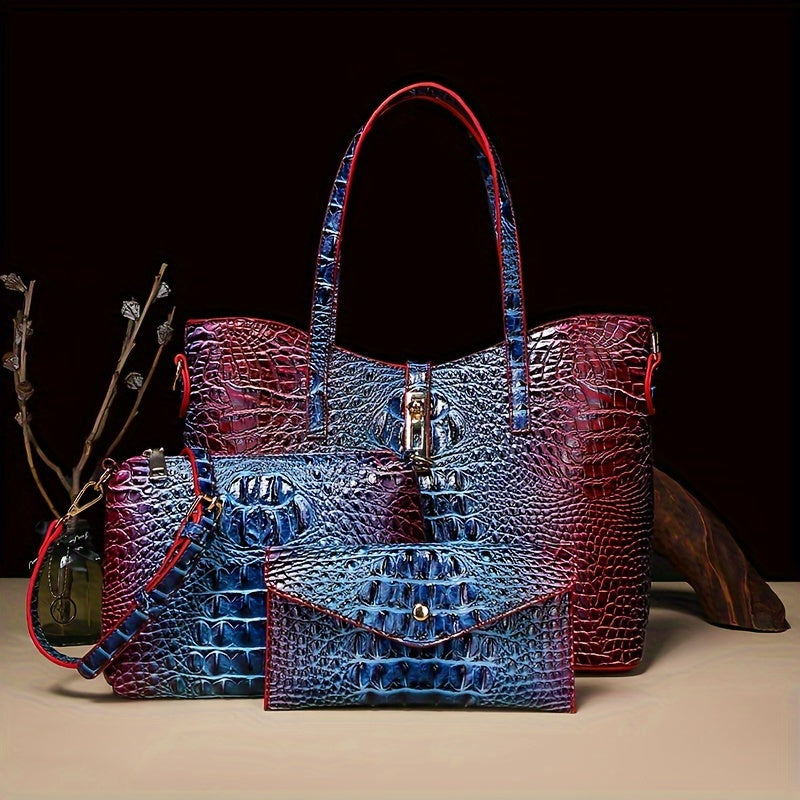 Colorful Crocodile Pattern Faux Leather Tote and Crossbody Bag Set