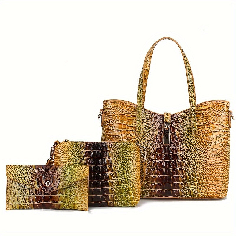 Colorful Crocodile Pattern Faux Leather Tote and Crossbody Bag Set