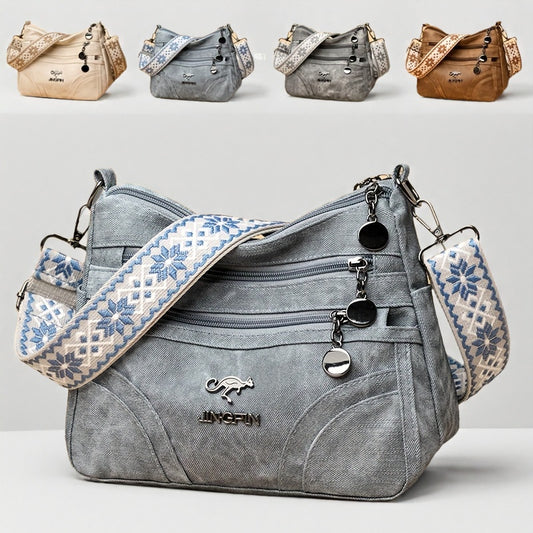 Connie's Bargains Perfect Lily Women's Vintage Bohemian Crossbody Bag for Everyday Use in denim with a blue patterned strap