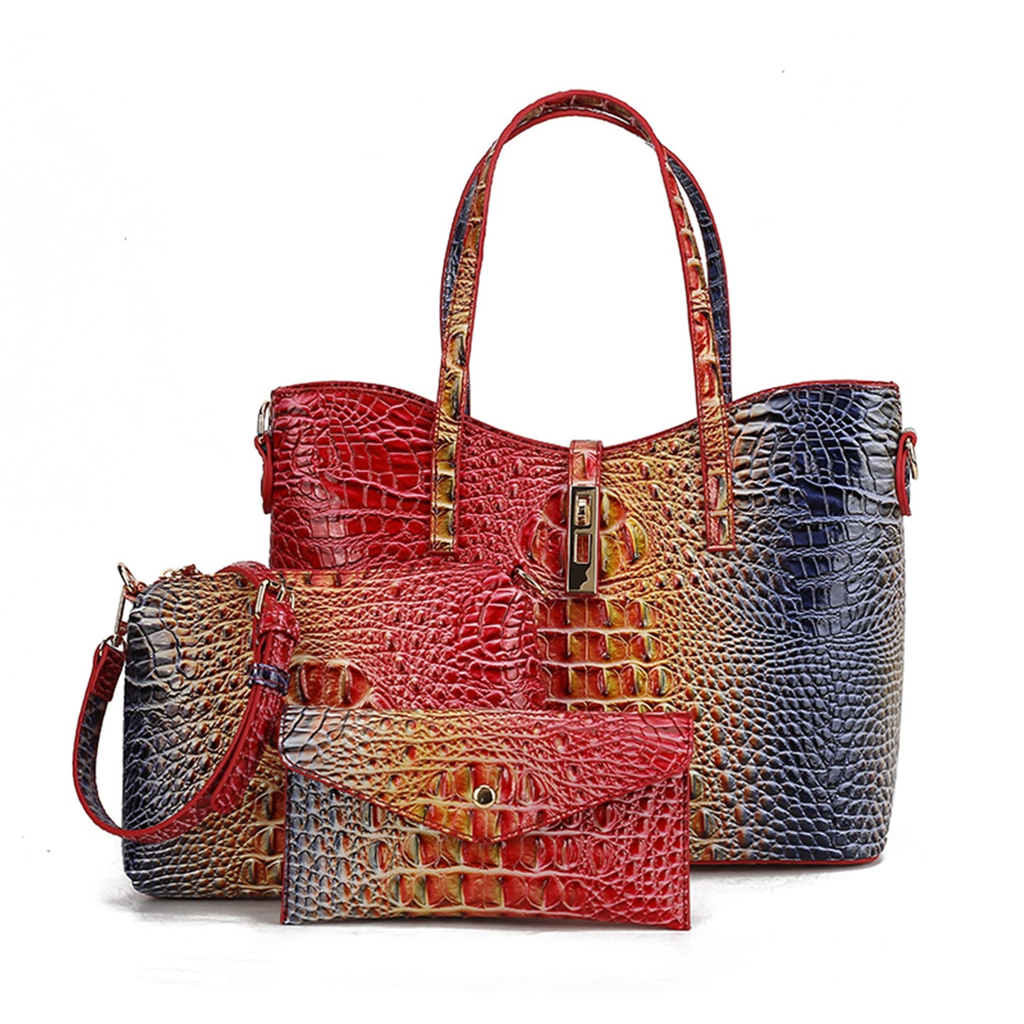Colorful Crocodile Pattern Faux Leather Tote and Crossbody Bag Set
