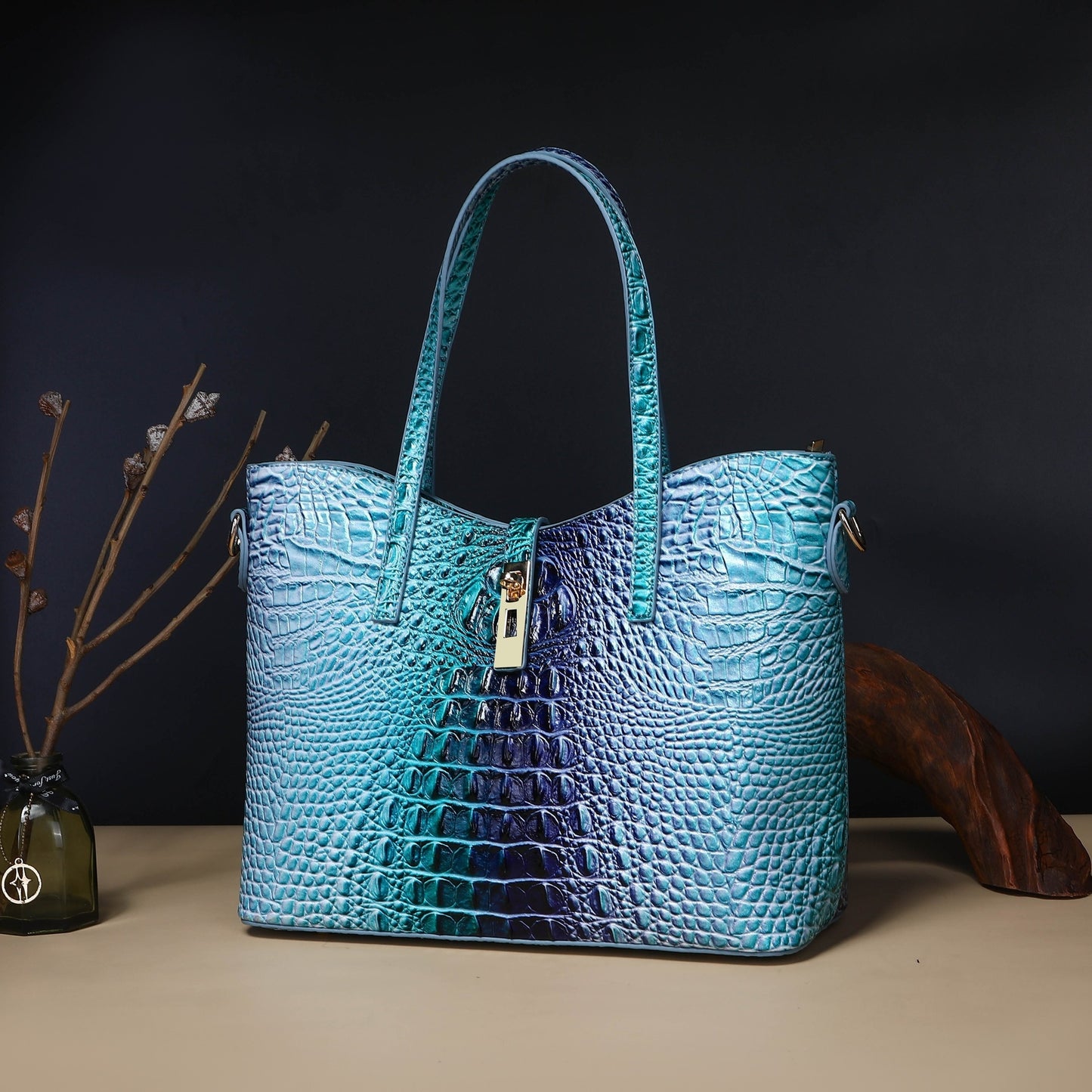 Colorful Crocodile Pattern Faux Leather Tote and Crossbody Bag Set