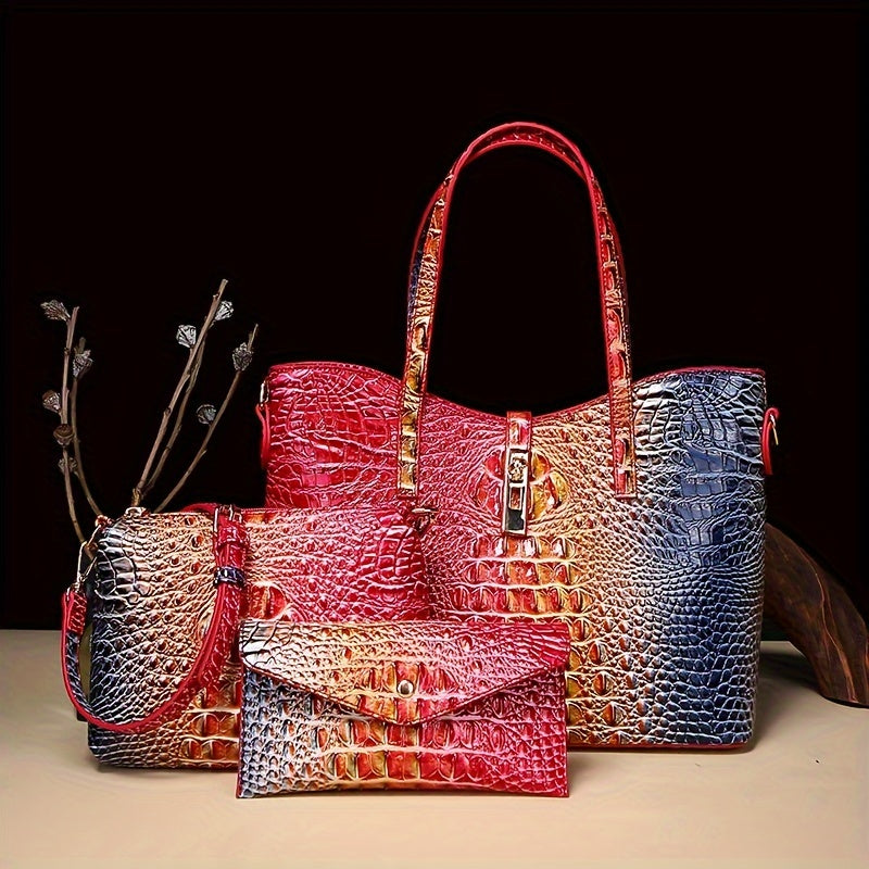 Colorful Crocodile Pattern Faux Leather Tote and Crossbody Bag Set