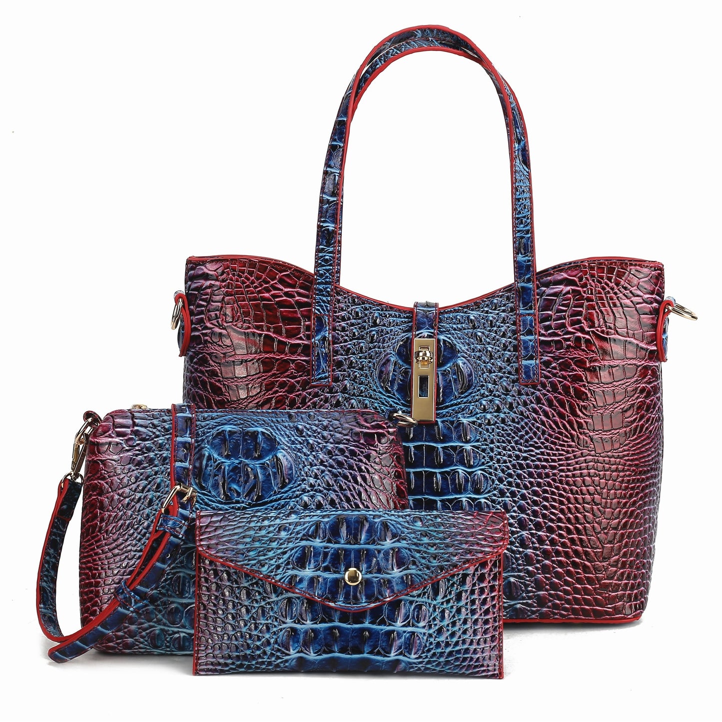 Colorful Crocodile Pattern Faux Leather Tote and Crossbody Bag Set