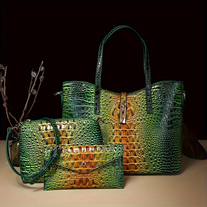 Colorful Crocodile Pattern Faux Leather Tote and Crossbody Bag Set
