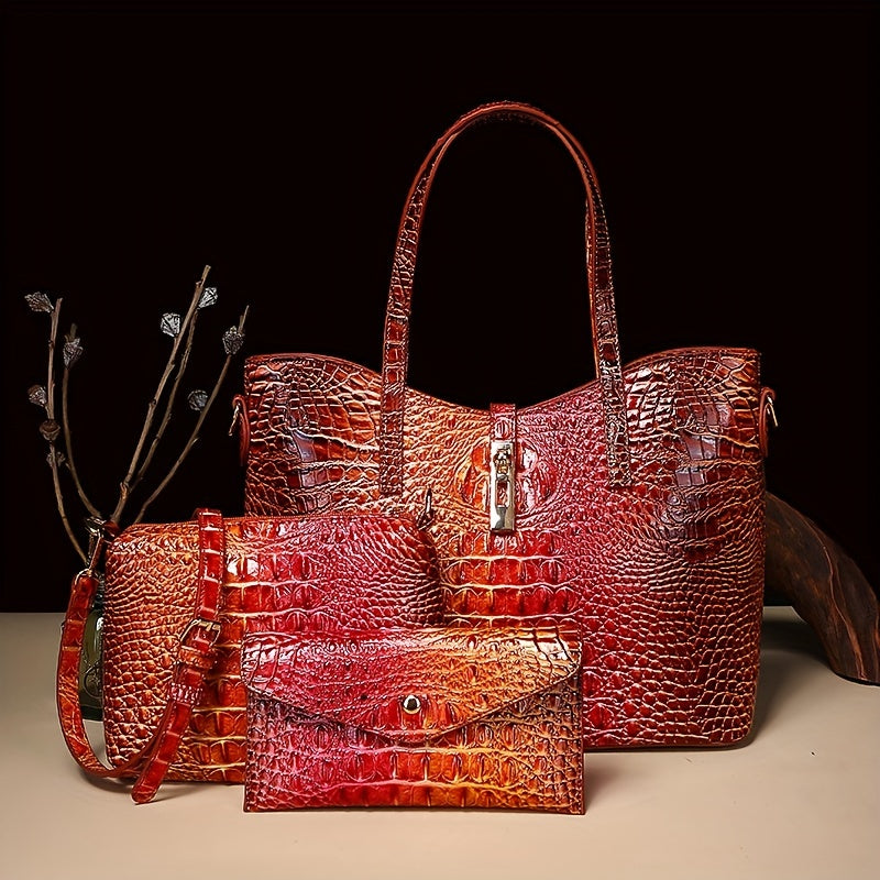 Colorful Crocodile Pattern Faux Leather Tote and Crossbody Bag Set