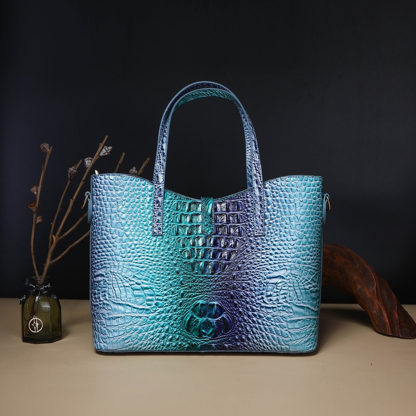 Colorful Crocodile Pattern Faux Leather Tote and Crossbody Bag Set