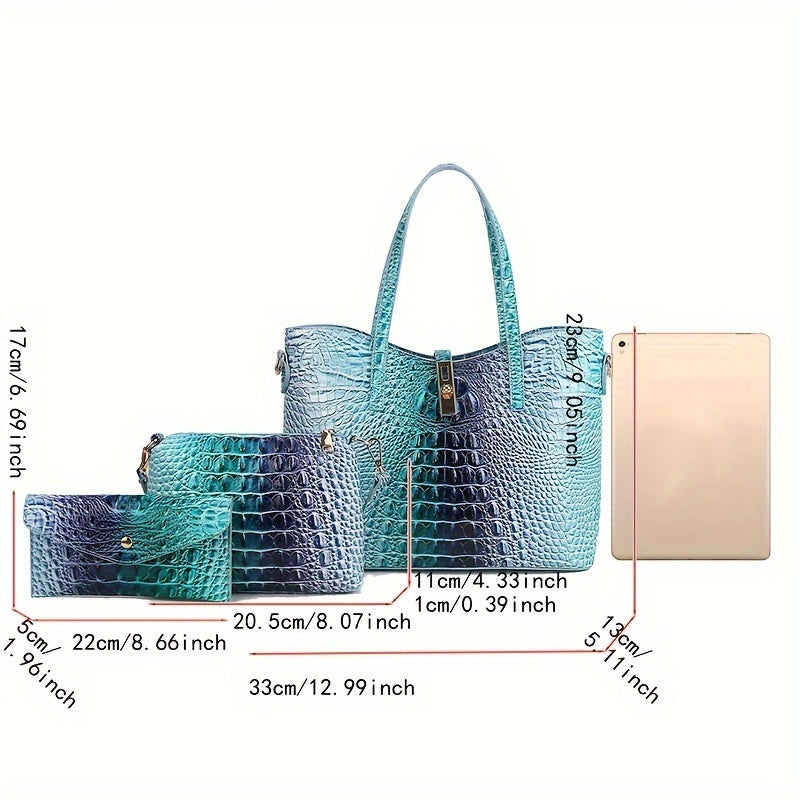 Colorful Crocodile Pattern Faux Leather Tote and Crossbody Bag Set