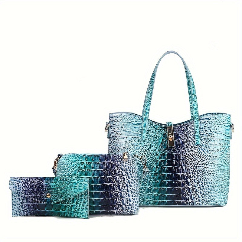 Colorful Crocodile Pattern Faux Leather Tote and Crossbody Bag Set
