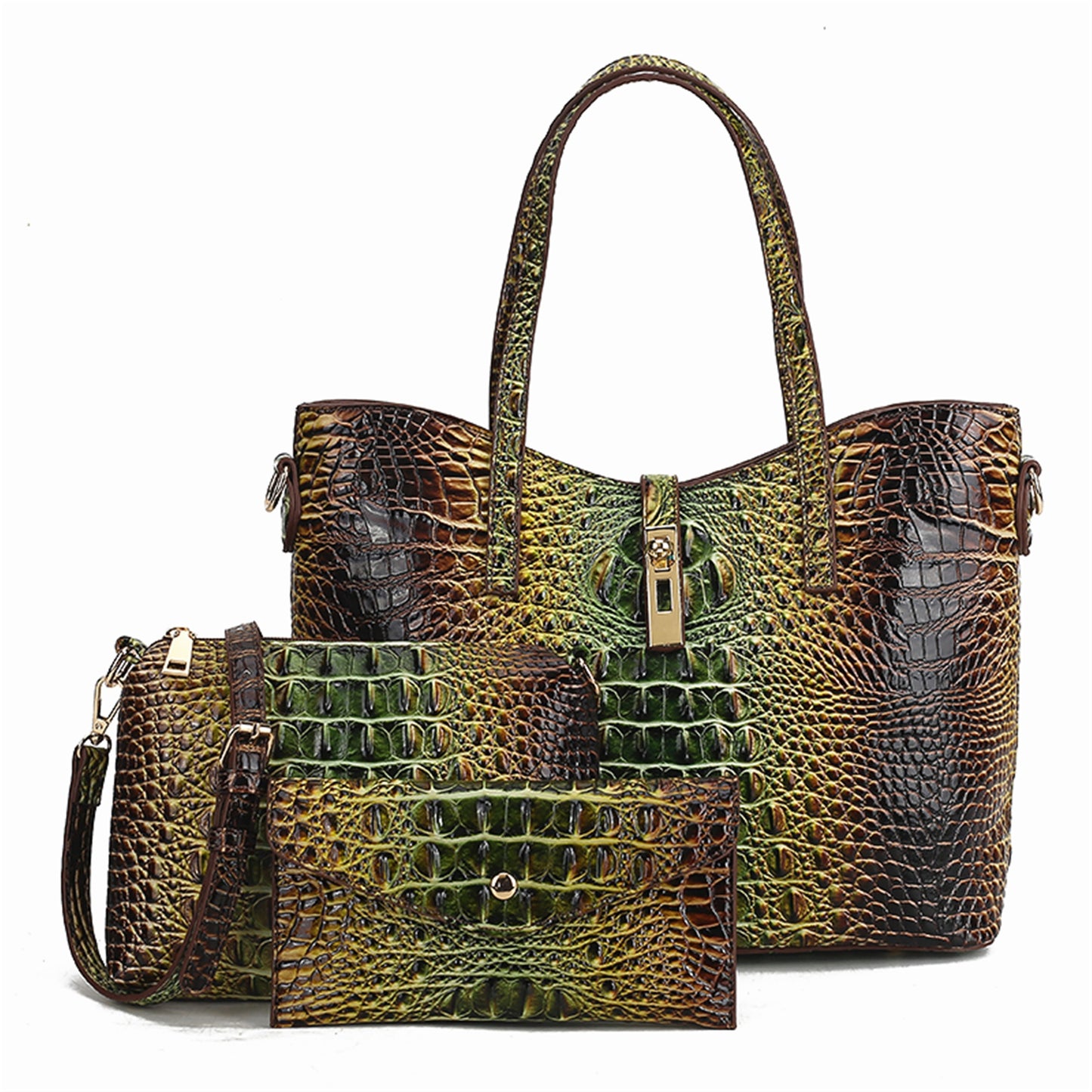 Colorful Crocodile Pattern Faux Leather Tote and Crossbody Bag Set